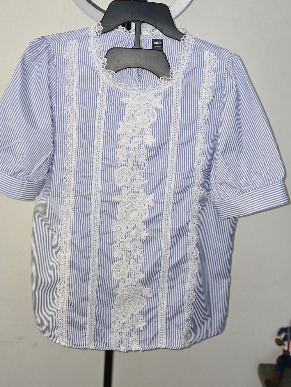 SHEIN Blue & White Striped Lace-Front Blouse